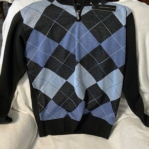 Men's Argyle Zip-Neck Sweater in Blue and Black